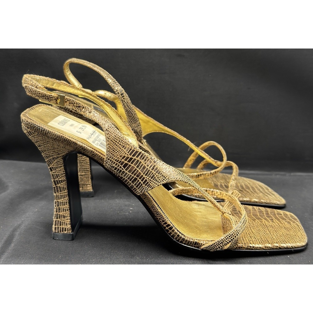 Size 7.5 - Jennifer Moore Snakeskin Gold Square Open Toe Heels